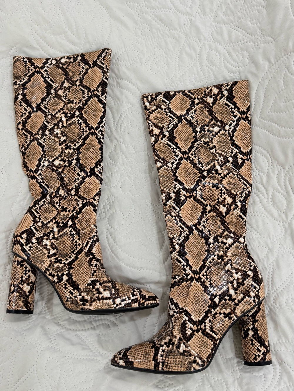 Snake Print Knee-High Block Heel Boots - Brown